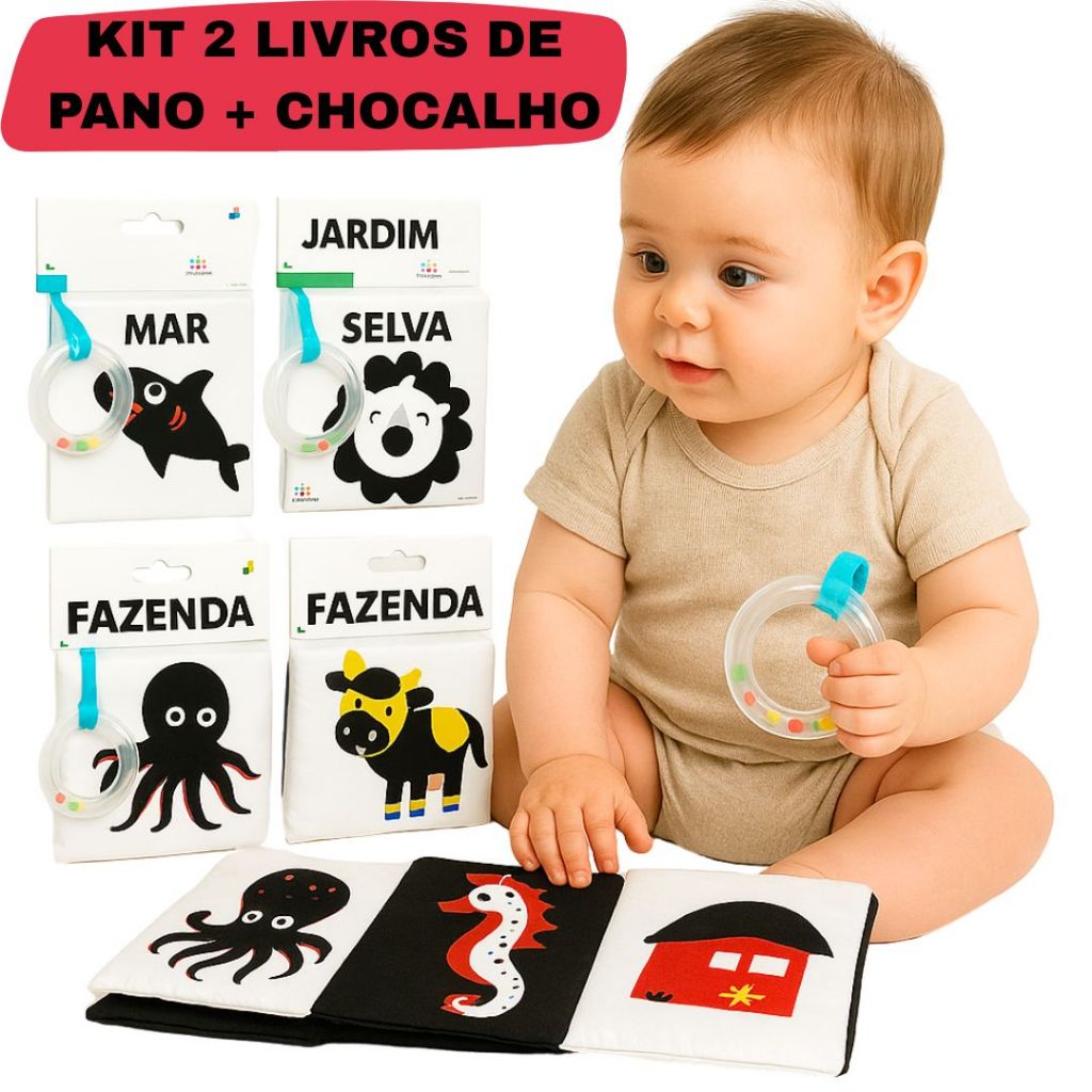 Kit 2 Livro De Pano Com Chocalho Baby Montessori Contraste Fofos Estimula Visão e Coordenação