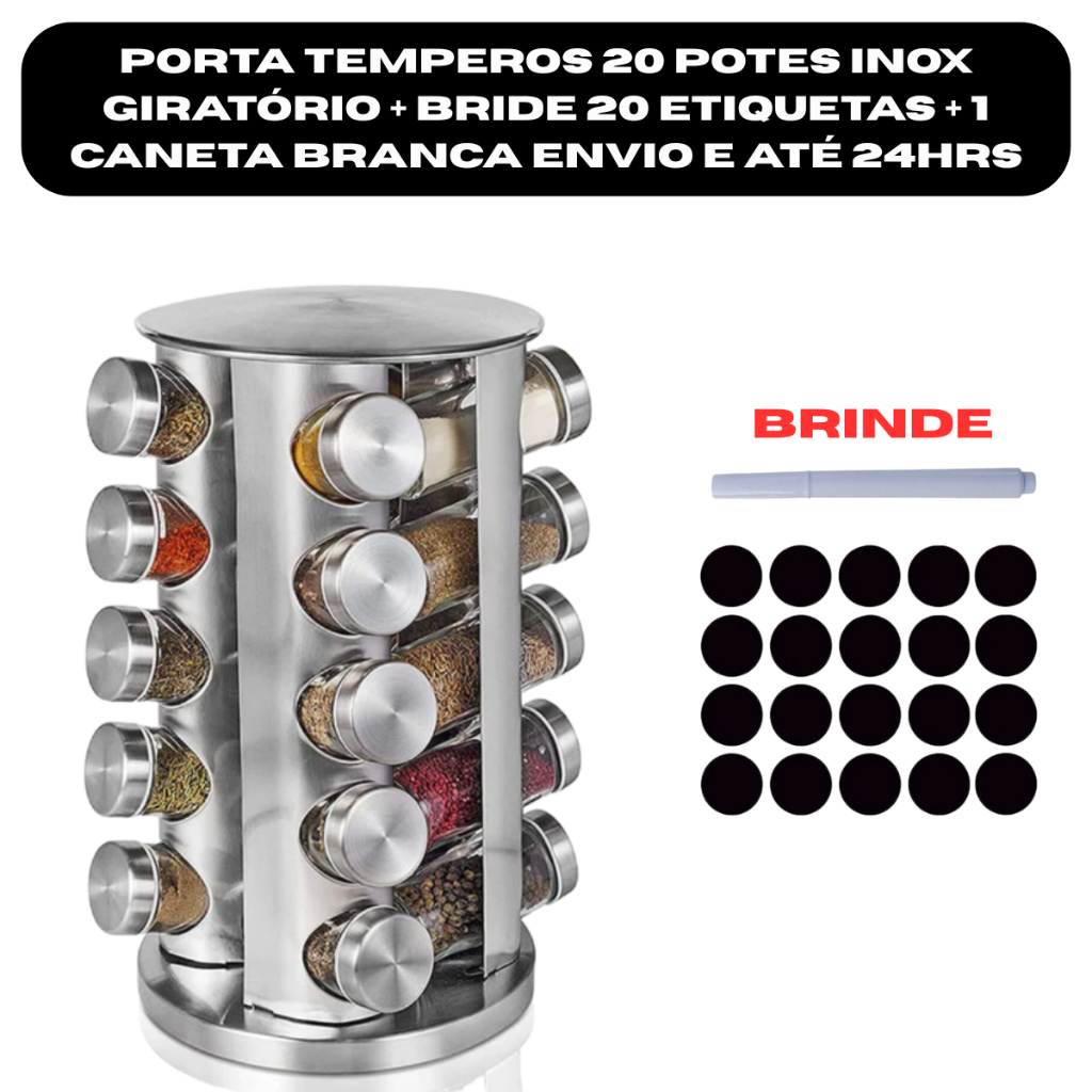 Porta Tempero Condimento Inox Giratório Com 16 Potes Acompanha 20 Etiquetas + 1 Caneta Branca