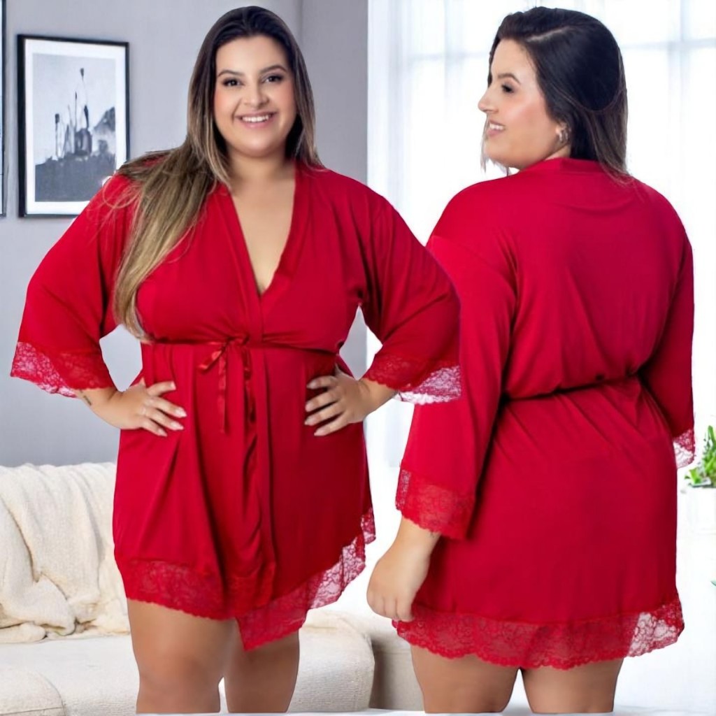 Robe Luxo Plus Size Trajes de Dormir com babado Rendado Roupão Roby Pijama Plus Size