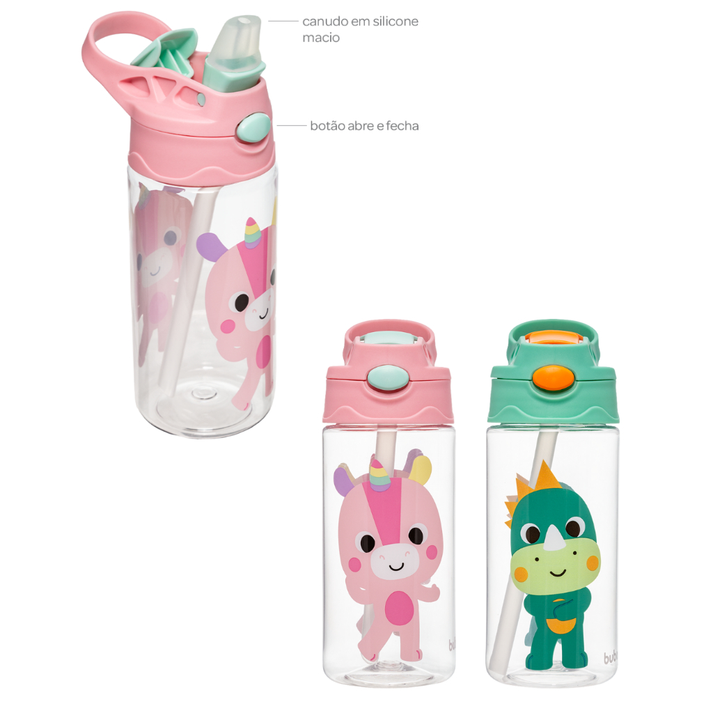 Garrafa de água Tritan Infantil com Canudo Buba Zoo 450ml Garrafinha