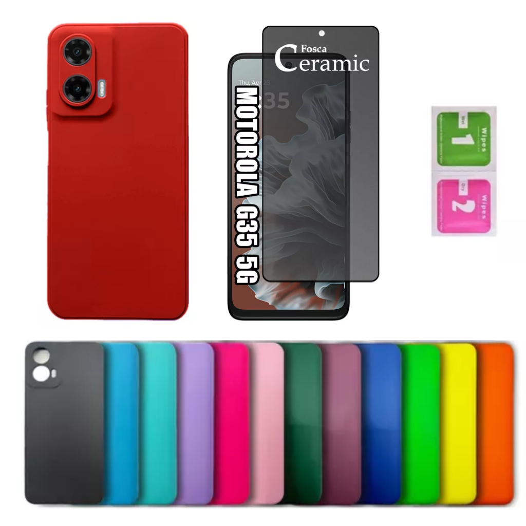 Kit Para Moto G35 Motorola - Película Fosca Privativa + Capa Aveludada Colorida Capinha