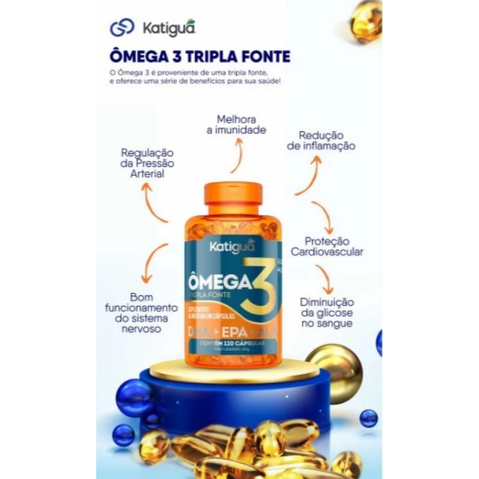 Ômega 3 1000MG Tripla Fonte (Oleo de peixe, Chia e Linhaça) Katiguá (DHA + EPA + ALA) com 120 Cápsulas