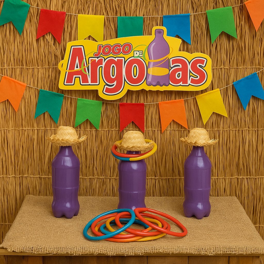 Jogo de Argolas Festa Junina – Kit com Placa Decorativa e 10 20 ou 30 Argolas