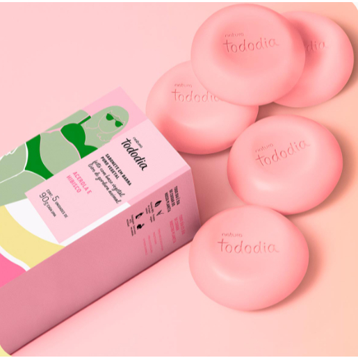 Caixa de Sabonete em Barra Puro Vegetal Natura Tododia Acerola e Hibisco com 5 unid 90g Lacrado