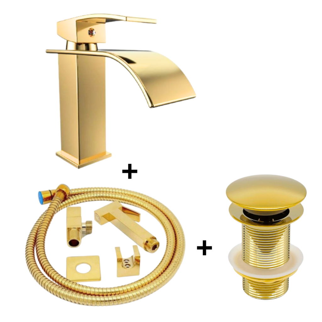 Kit Torneira Cascata Misturador Agua quente e fria + Ducha Higiênica Metal Inox + Válvula Click 11/8 Furo 4 Cm