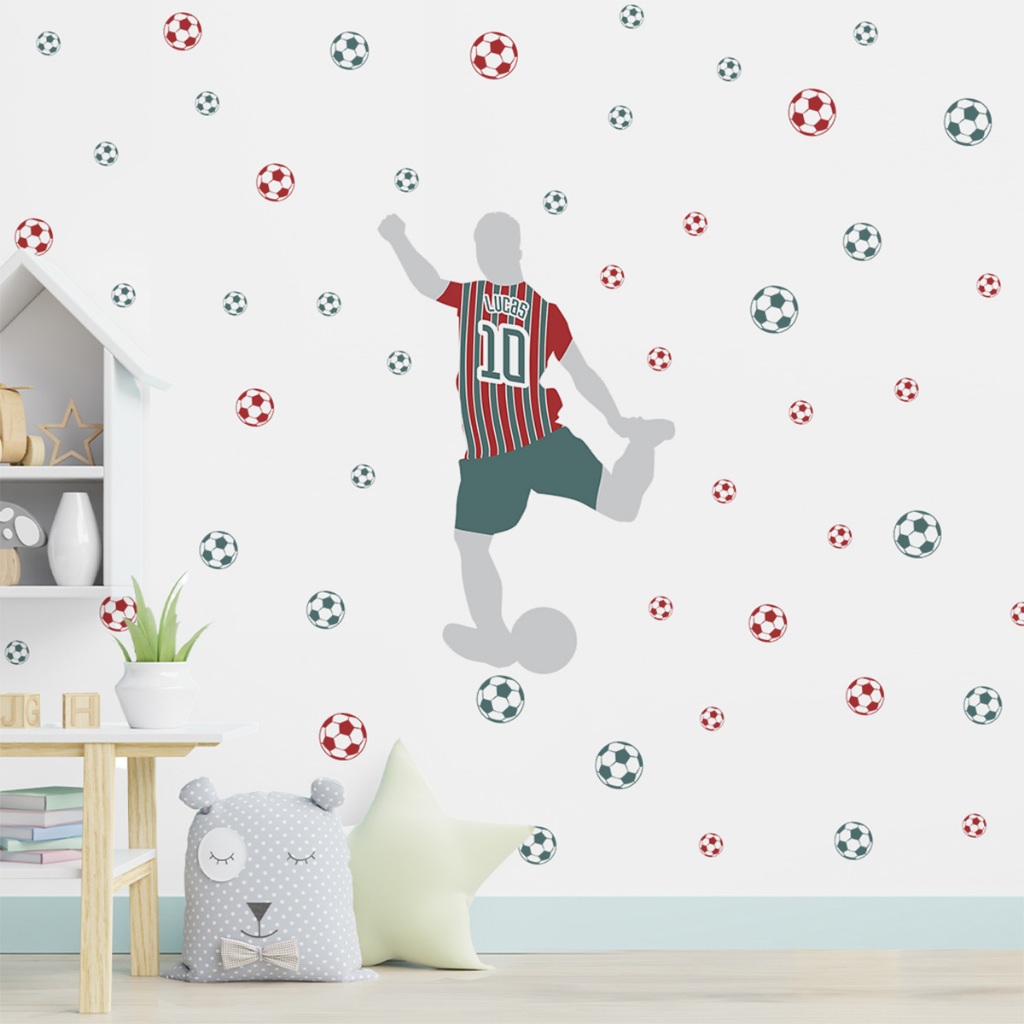Adesivo de Parede Futebol com Nome Personalizado Jogador Camisa Times + 75 Bolas Decorativas