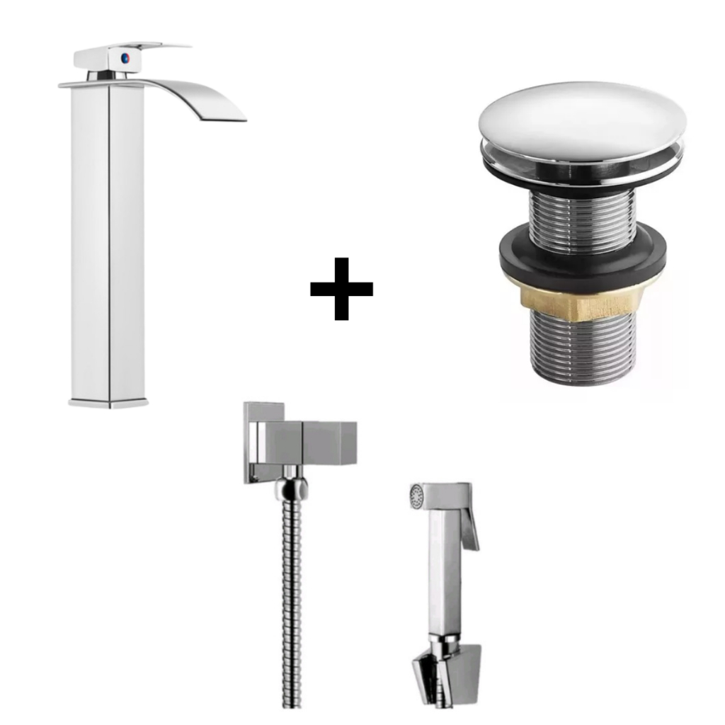 Kit Torneira Cascata Misturador Agua quente e frio + Ducha Higiênica Metal Inox + Válvula Click 11/8 Furo 4cm