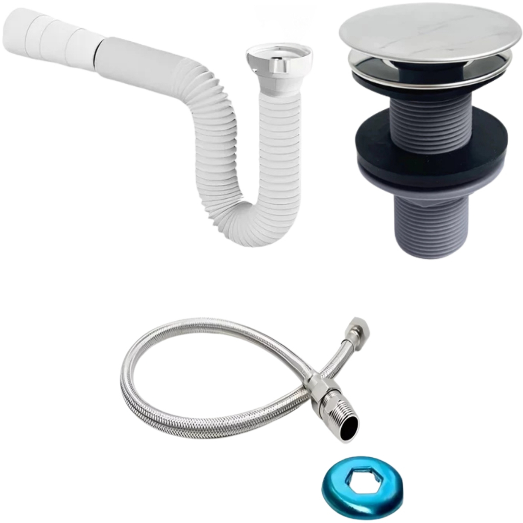 Kit Válvula Ralo Dreno 7/8" + Engate Rabicho Flexível Metal Inox + Sifão Torneira Banheiro Cozinha