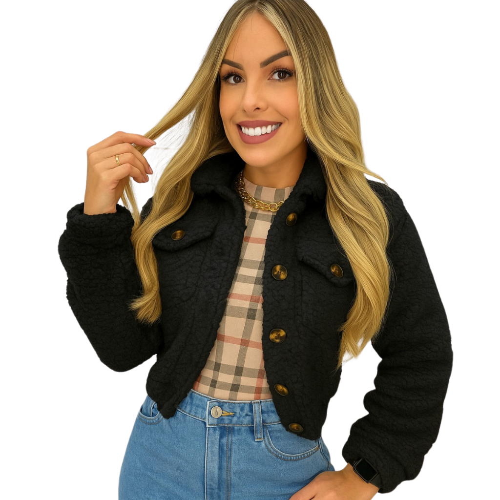 Casaco Teddy jaqueta cropped feminina pelúcia  moda blogueira outono inverno