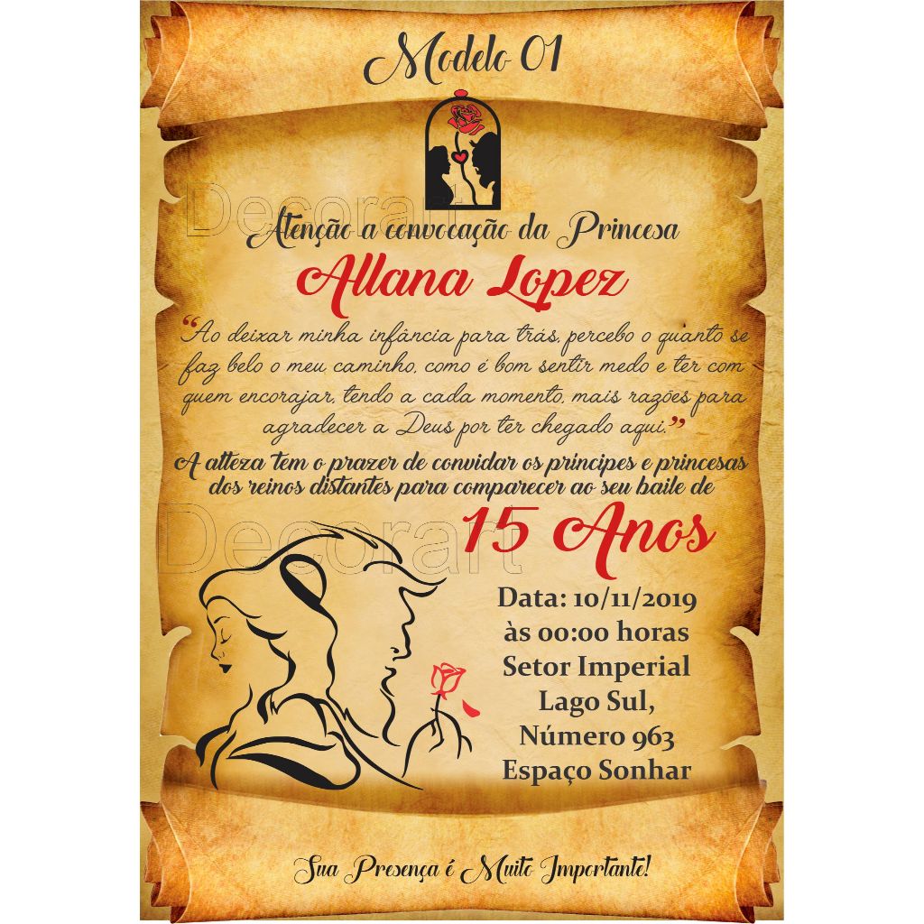 Convite A Bela e a Fera Pergaminho Festa 15 Anos Debutante + Individuais