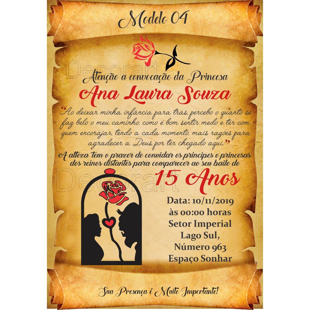 Convite Pergaminho A Bela e a Fera Festa de Aniversário Debutante 15 Anos + Individuais