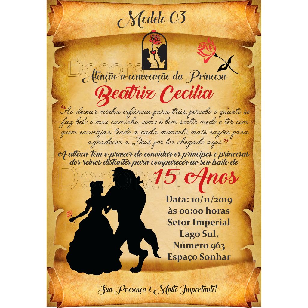 Convite Festa 15 Anos Debutante A Bela e a Fera - Convite Pergaminho Bela e a Fera + Individuais