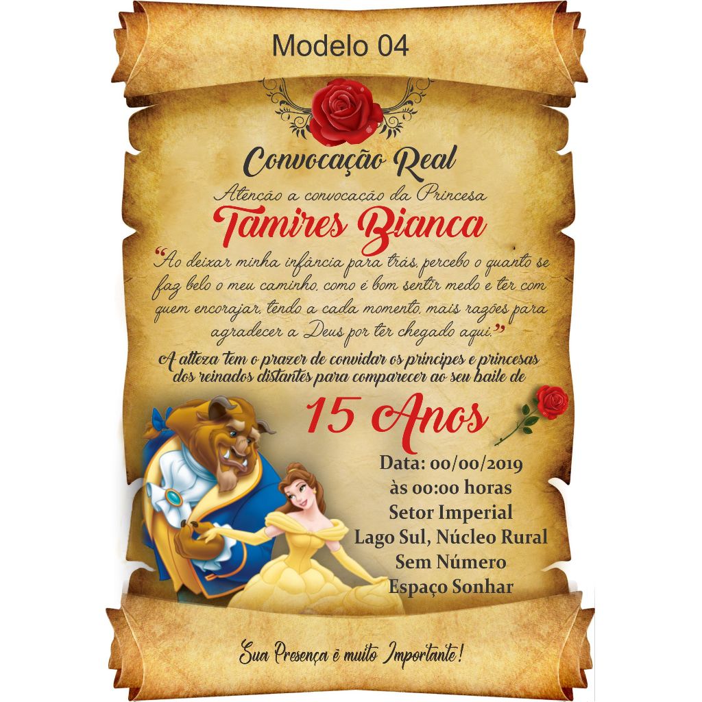 Convite Pergaminho A Bela e Fera - Convite Festa 15 Anos Debutante Personalizados + Individuais