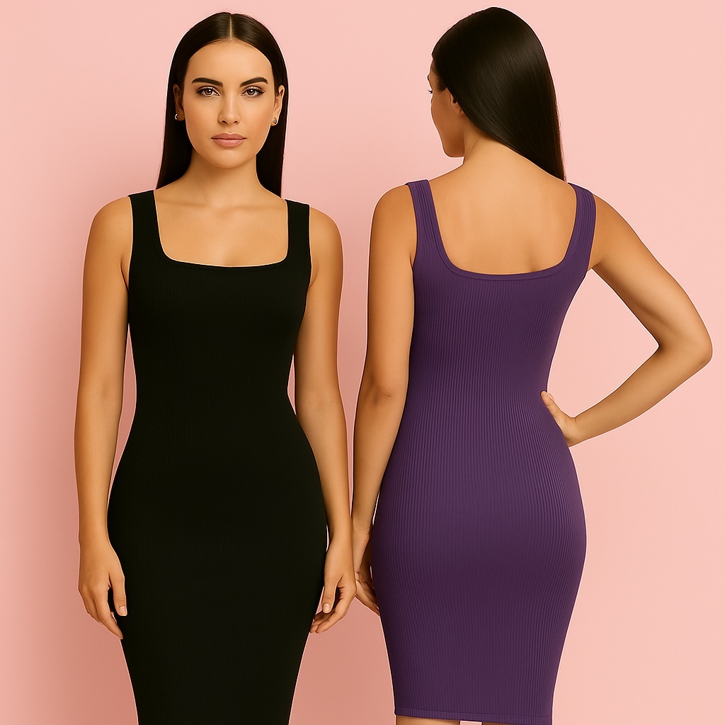 Vestido Midi Canelado Feminino Justo com Alças Largas e Decote Quadrado para Look Casual ou Festa