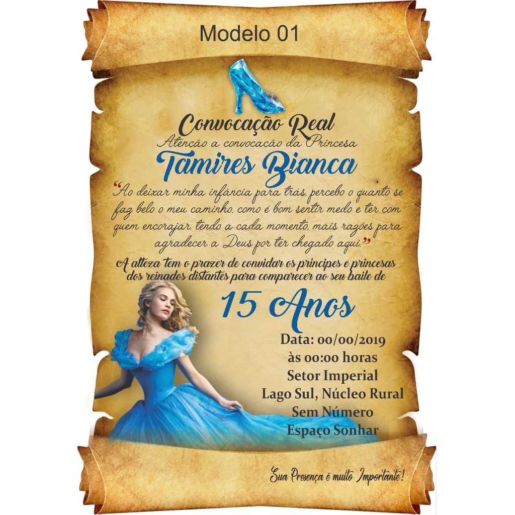 Convite Pergaminho Cinderela Festa 15 Anos Debutante - Convites Pergaminho Aniversário + Individuais