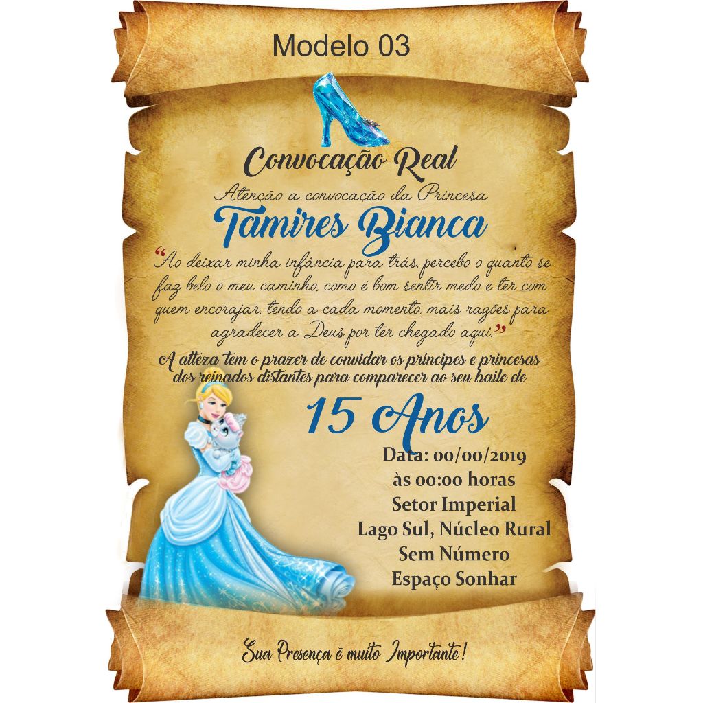Convite Pergaminho Personalizado Cinderela Festa Debutante - Convite 15 Anos Cinderela + Individuais