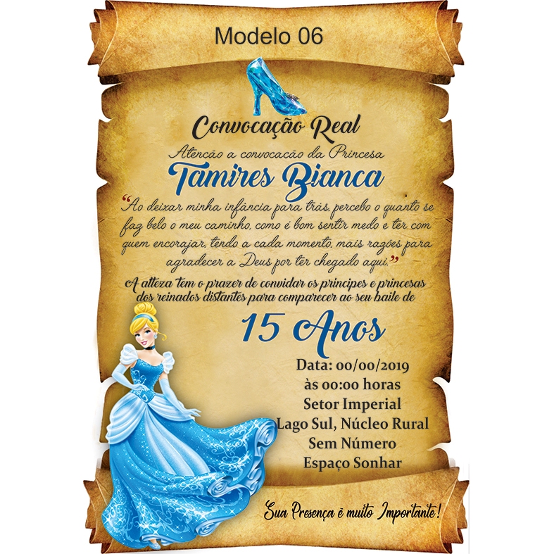 Convite Festa 15 Anos Pergaminho Tema Cinderela - Convite Debutante Cinderela + Individuais