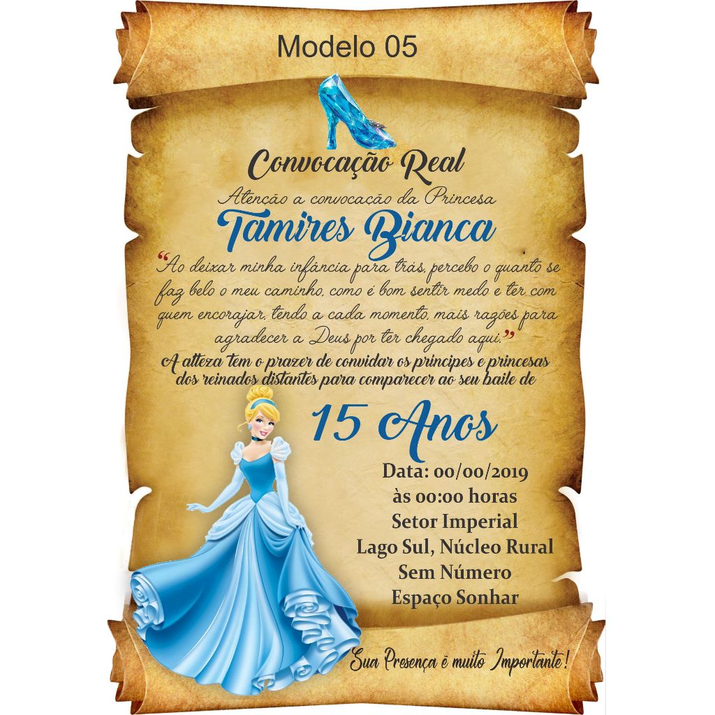 Convite Pergaminho Cinderela Aniversário Debutante - Convite Festa 15 Anos Cinderela + Individuais