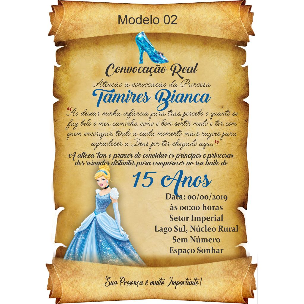 Convite Cinderela Festa Aniversário 15 Anos Debutante - Convite Pergaminho Cinderela + Individuais