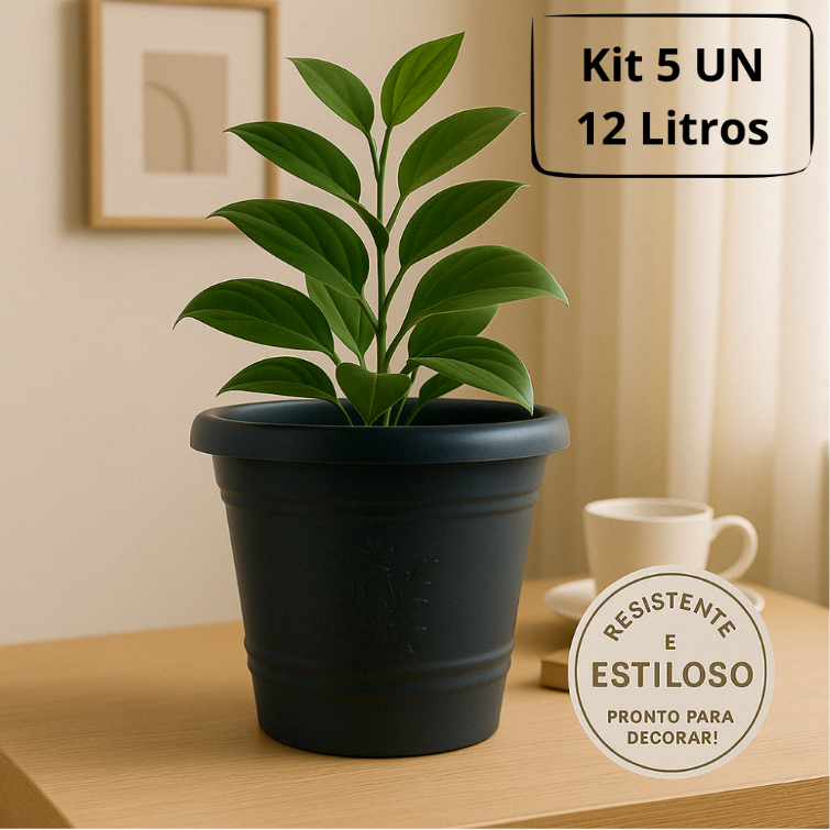 Kit com 5un de Vasos de Plástico 12L Preto - Vasos para Plantas e Jardinagem - Resistente e Leve