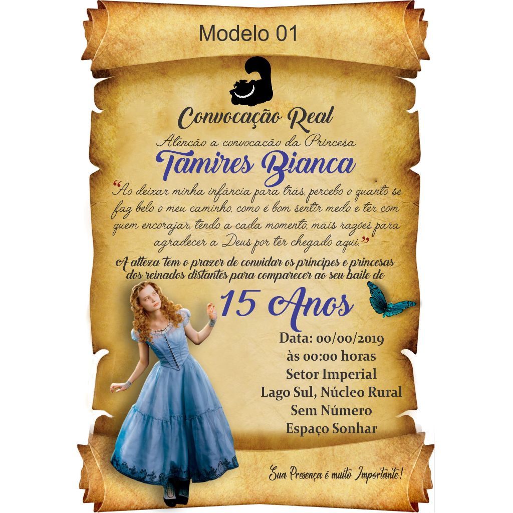 Convite Pergaminho Alice no País das Maravilhas Festa 15 Anos Debutante + Individuais