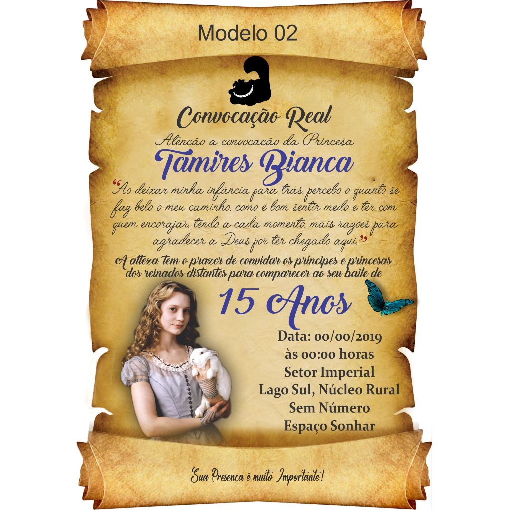 Convite Alice no País das Maravilhas - Convite Pergaminho Alice 15 Anos Debutante + Individuais
