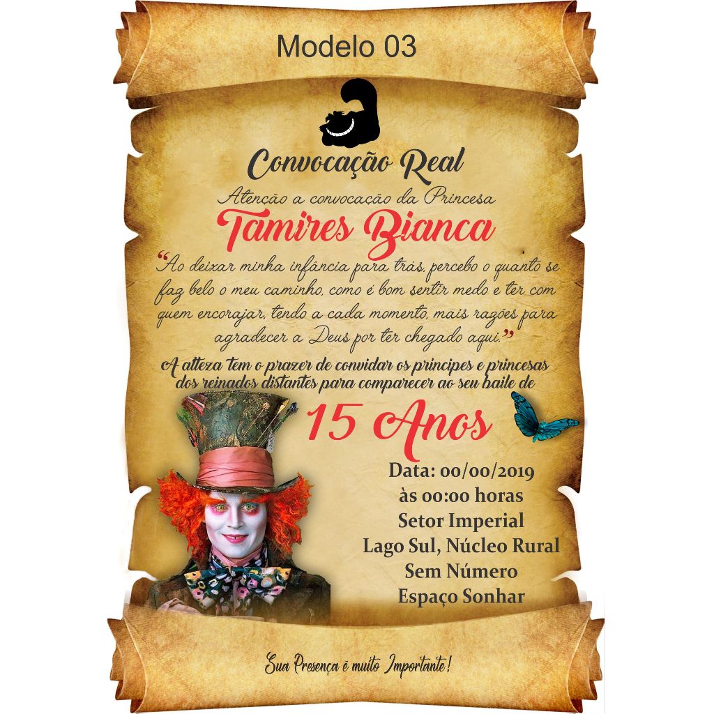 Convite Pergaminho Alice Festa 15 Anos - Convite Alice Chapeleiro Louco Aniversário + Individuais