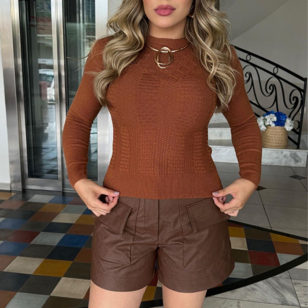 Blusa Feminina de Tricô Modal Inverno cacharrel Gola redonda Basica Manga Longa BMA
