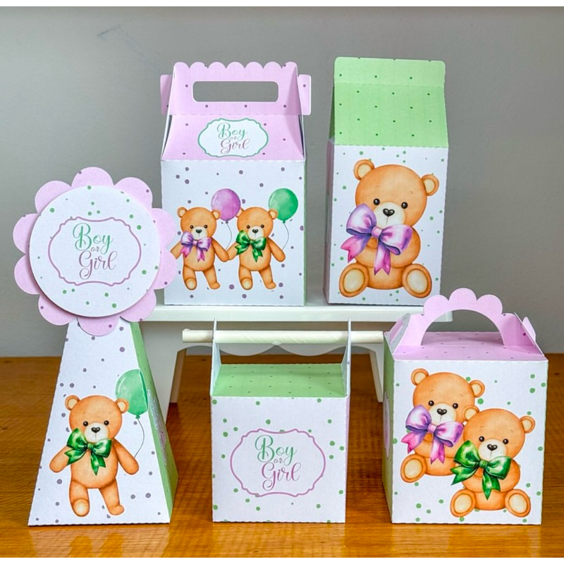 PEGUE E MONTE - Kit Festa Personalizados CHÁ REVELAÇÃO VERDE E LILAS - Lembrancinhas Caixinhas para festa
