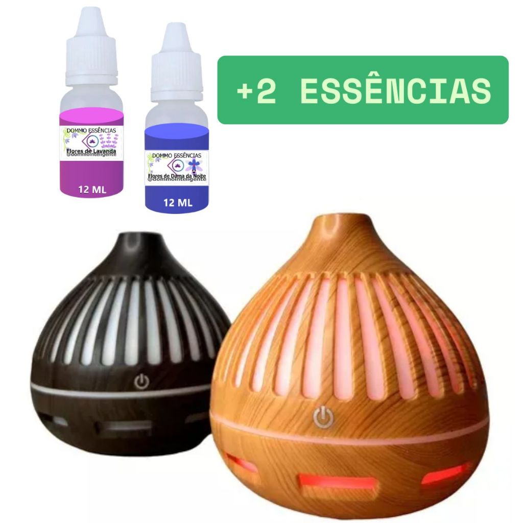 Umidificador MADEIRA DECORADO GRANDE 300mL com LED + 1 ou 2 Essências Aroma Difusor Purificador Ar