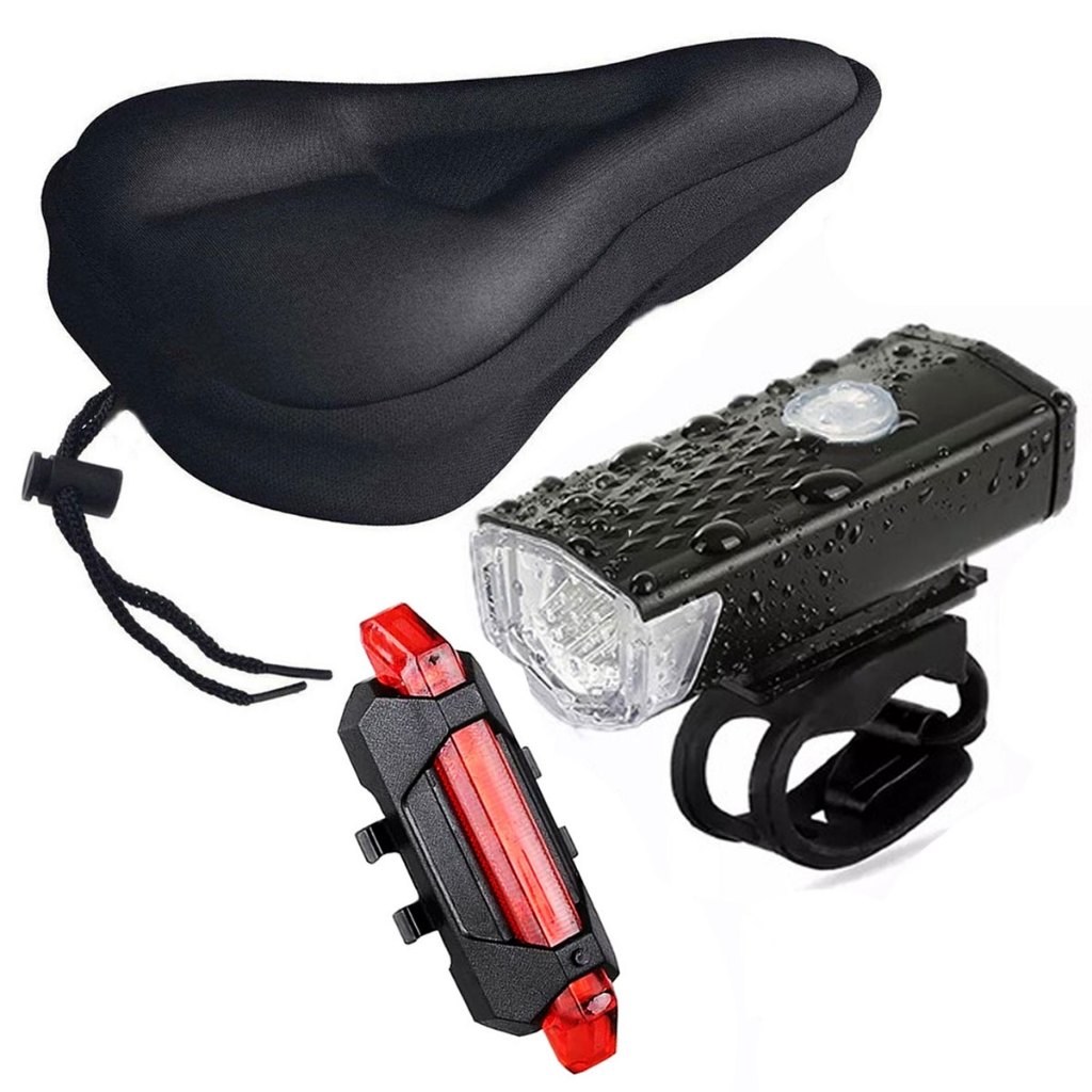 Farol Bike Luz Led Usb 300 Lumens + Sinalizador Traseira + Capa De Banco Selim Espuma Bike
