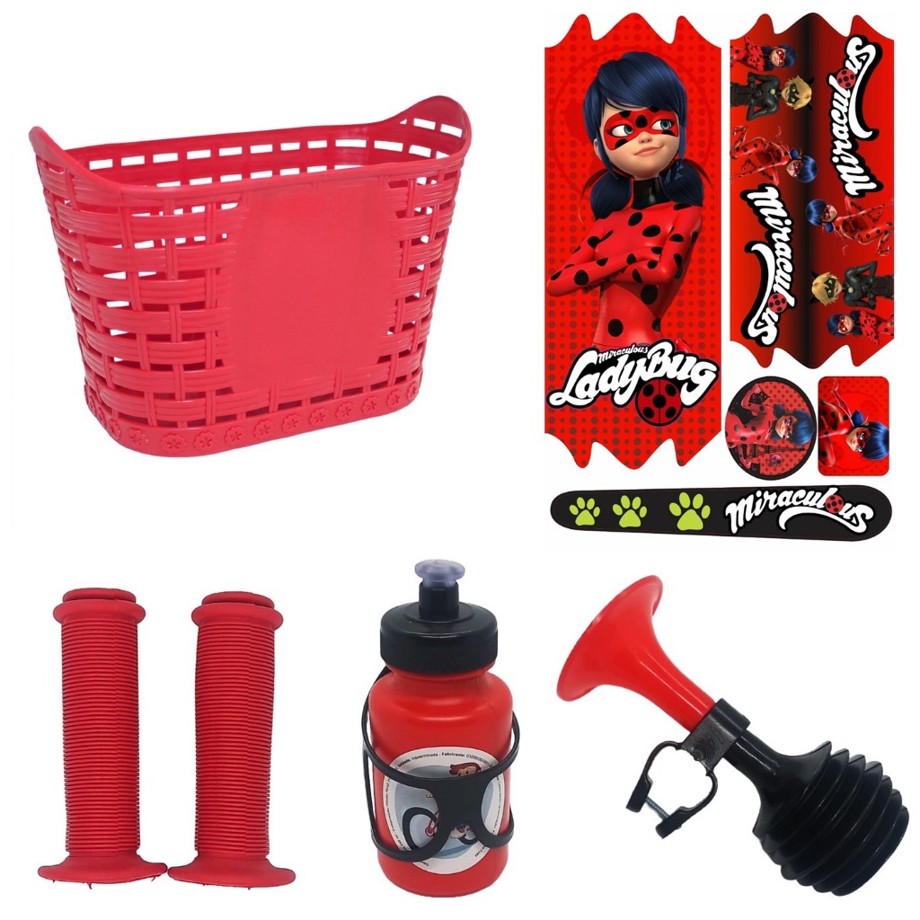 Kit Bike Infantil Adesivo Cesta Buzina Manopla Garrafinha Ladybug MIraculous Aro 16/20 Vermelho