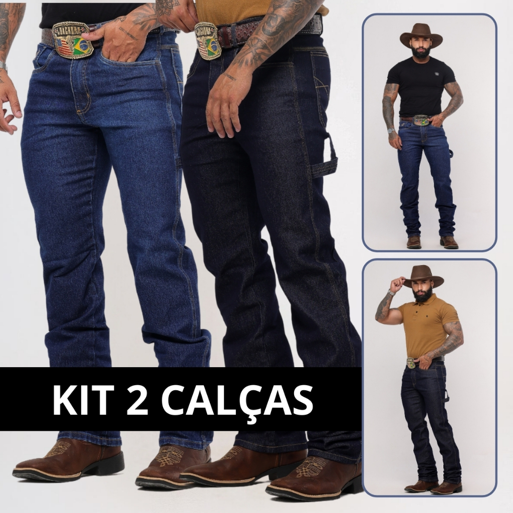 Kit 2 Calças Jeans Masculina Country Rodeio Carpinteira Premium com Elastano e Tecido Grosso