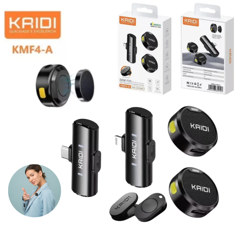 Mini Microfone Lapela Sem Fio Duplo Magnético Profissional para Iphone Android Type C Celular Kaidi