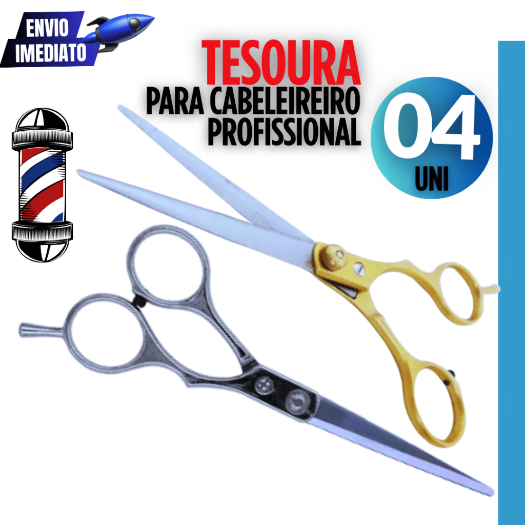Jogo 04 Tesouras Profissionais de Cabeleireiro em Inox Durabilidade para Salão Barbearia Variáveis Utilidades