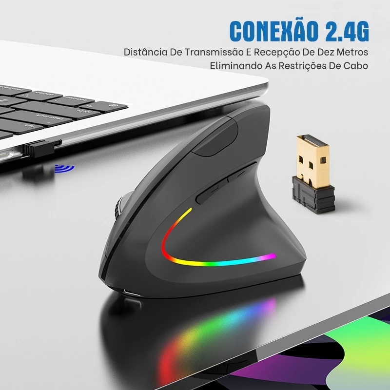 Vertical Mouse Sem Fio com Bluetooth e 2.4G Ergonômico Recarregável Portátil para PC Gamer Notebook.