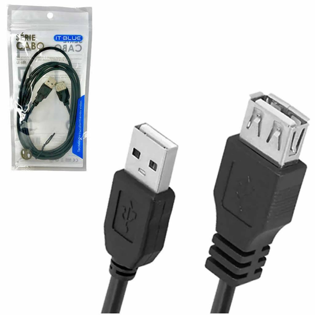 Cabo extensor USB Macho x Fêmea 2 metros It-Blue LE-803 Resistente Transmissão de dados 2.0 Preto em Oferta na Shopee