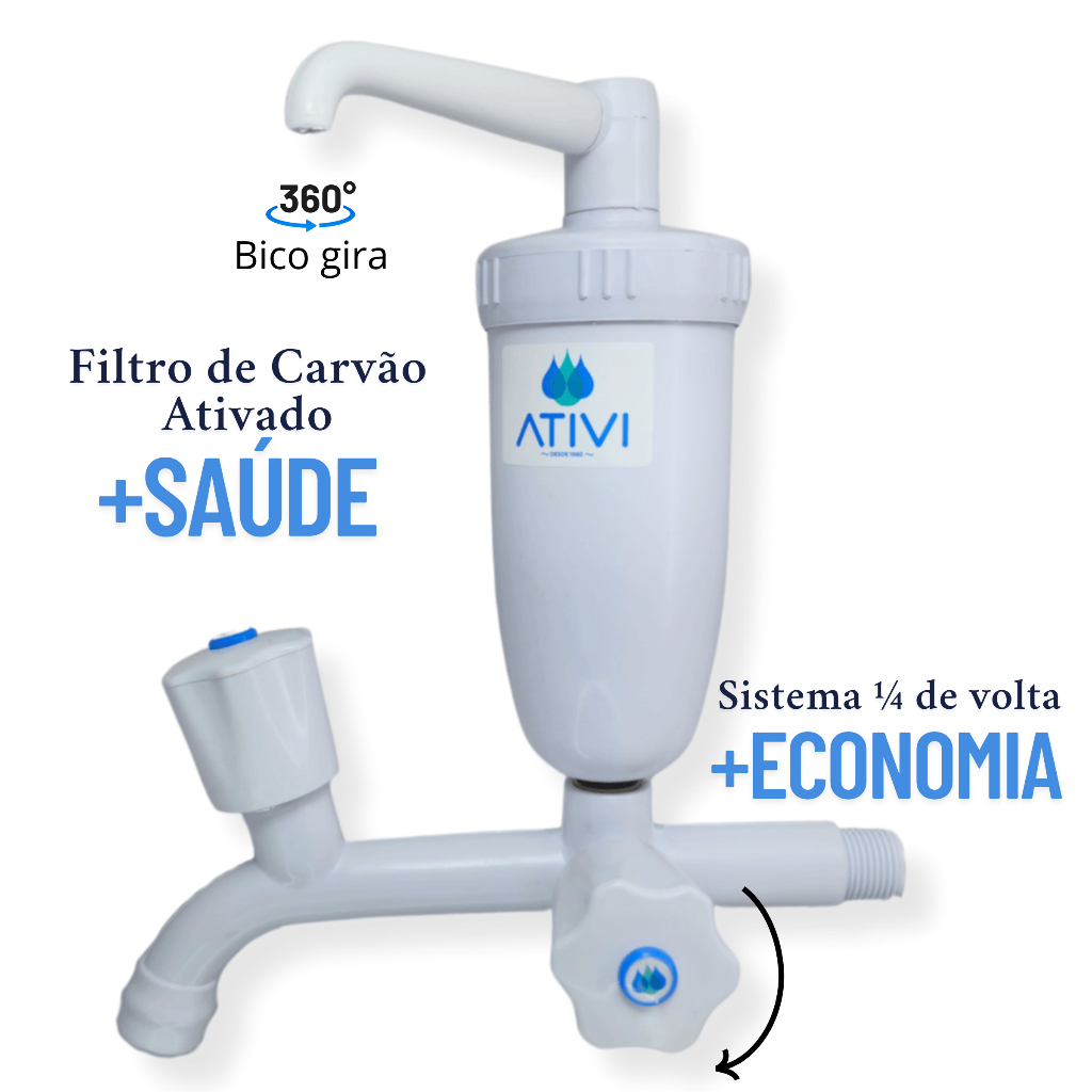 Torneira com Filtro de Água Ativi C50 Carvão Ativado – Reduz Cloro e Impurezas – Fixa de Parede em Oferta na Shopee