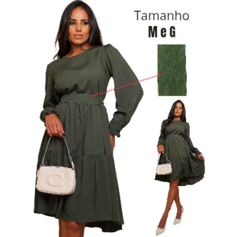 Vestido Midi Manga Longa Forrado com cinto removível em Oferta na Shopee