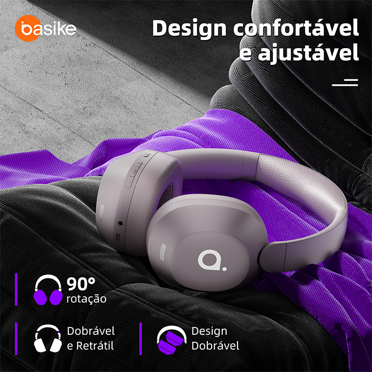BASIKE Fone Bluetooth 5.4 ANC -25dB,30h Bateria+Carregamento Rápido, Mic ENC, Ajustável e Rotação 90°-Design