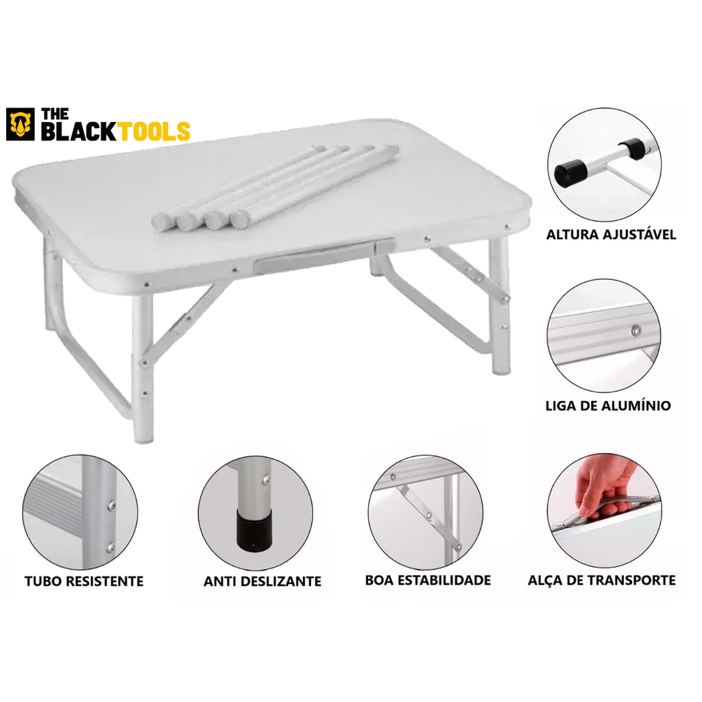 Detalhes do Mesa Pequena Dobrável Camping Alumínio 60x45cm Vira Maleta Cor Prateado