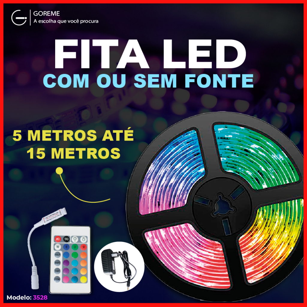 Fita LED 5050 SUPER LED ULTRA RGB 15M 12V 300 LEDS FITA + CONTROLE + FONTE | 16 CORES IP20 em Oferta na Shopee