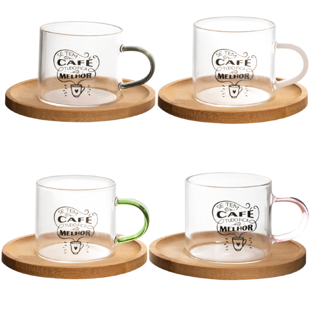 Jogo 4 Xícaras Café Espresso 70ml Vidro Borossilicato + 4 Pires Bambu Cantinho do Café Mesa Posta Elegante