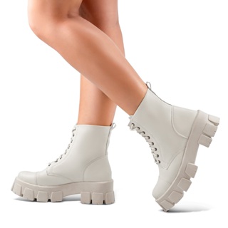 Coturno Feminino Lumiss Tratorado Bota Cano Curto Moda Plataforma Off White em Oferta na Shopee