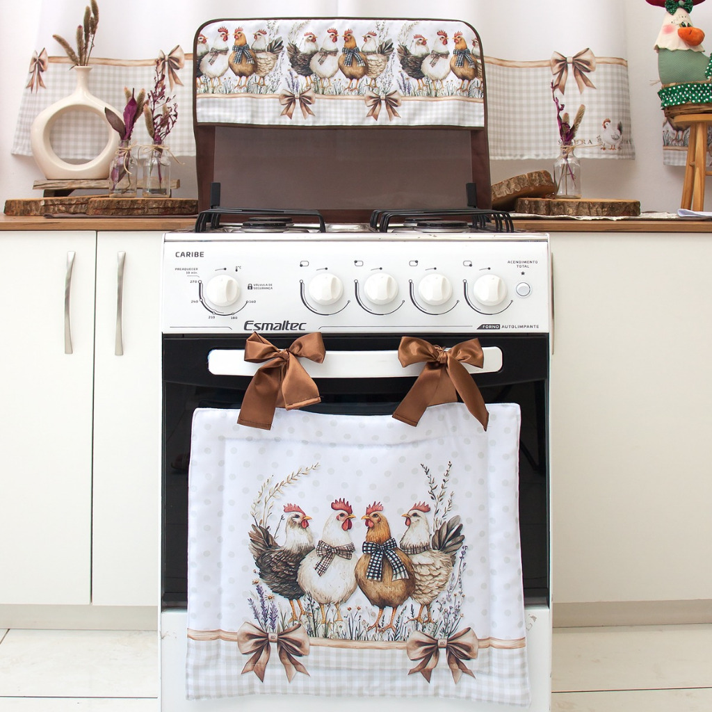 Kit para Fogão 04 Bocas Cortina Forno + Capa da Tampa Vidro - Estampa Digital Galinha