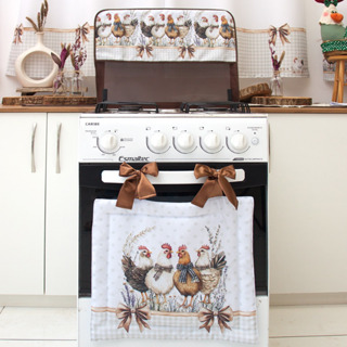 Kit para Fogão 5 e 6  Bocas Cortina Forno + Capa da Tampa Vidro - Estampa Digital Galinha em Oferta na Shopee