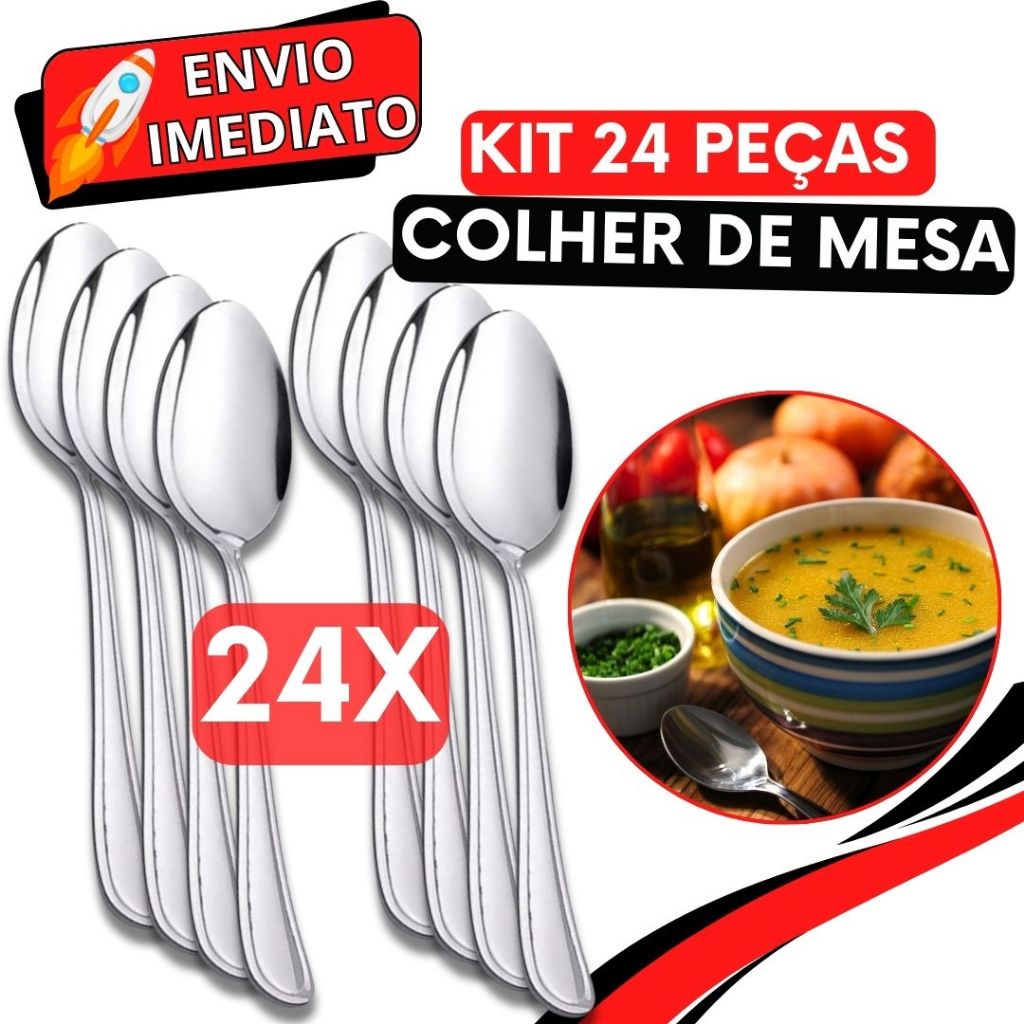 Jogo de Talher 24 Peças Colher de Sopa Mesa GRANDE Inox Polido Arroz Caldinho Para Casa Cozinha Bar Restaurante Buffet