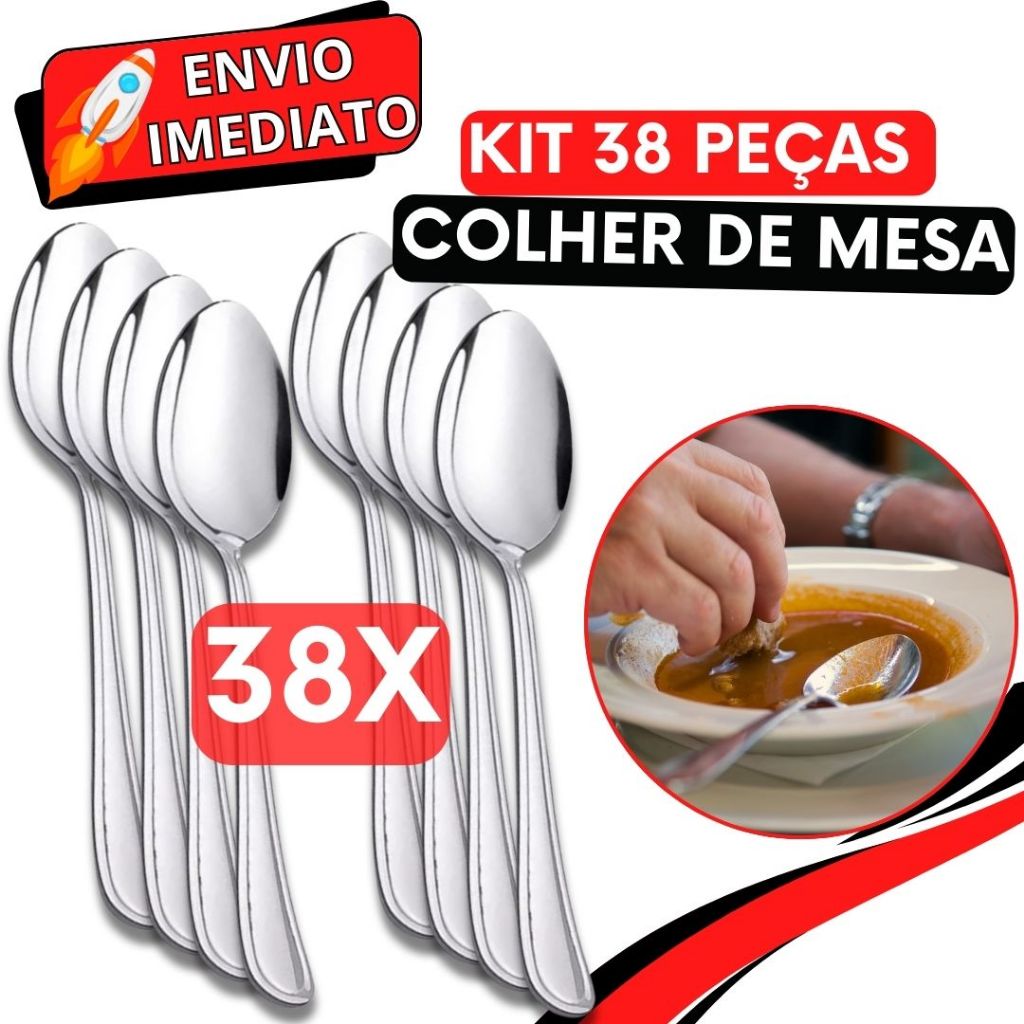 Jogo de Talher 38 Peças Colher de Sopa Mesa GRANDE Inox Polido Arroz Caldinho Para Casa Cozinha Bar Restaurante Buffet