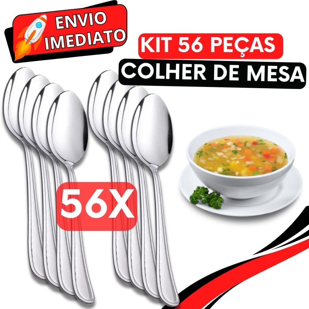 Jogo de Talher 56 Peças Colher de Sopa Mesa GRANDE Inox Polido Arroz Caldinho Para Casa Cozinha Bar Restaurante Buffet