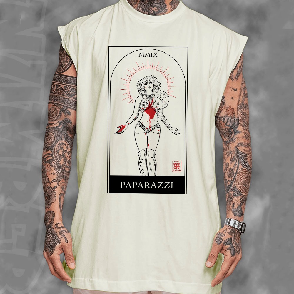 Camiseta regata machao oversized lady gaga mayhem album turne paparazi unissex em algodao em Oferta na Shopee